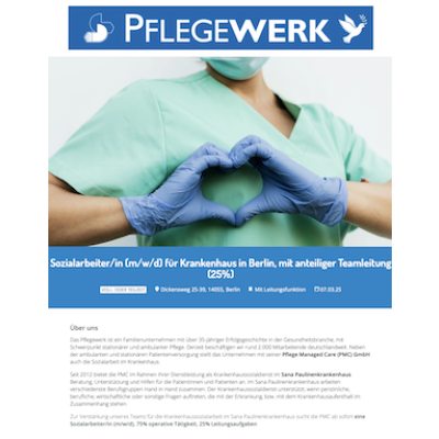 Sozialarbeiter/in (m/w/d) für Krankenhaus in Berlin, mit anteiliger Teamleitung (25%)