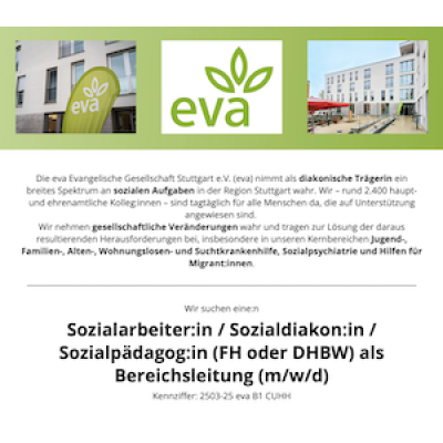 Sozialarbeiter:in / Sozialdiakon:in / Sozialpädagog:in (FH oder DHBW) als Bereichsleitung (m/w/d)