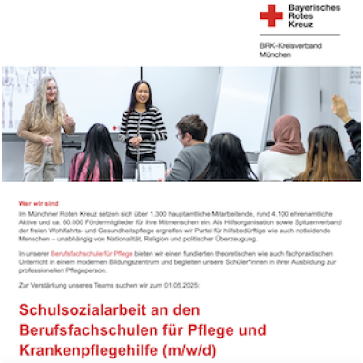 Schulsozialarbeiter an den Berufsfachschulen für Pflege und Krankenpflegehilfe (m/w/d) in Teilzeit (50%-Stelle mit der Option auf Erhöhung ab dem Schuljahr 2025/26)