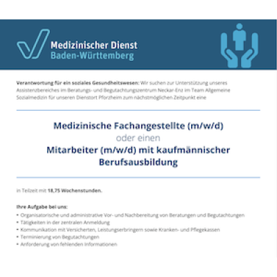 Medizinische Fachangestellte (m/w/d) oder einen Mitarbeiter (m/w/d) mit kaufmännischer Berufsausbildung