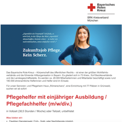 Pflegehelfer mit einjähriger Ausbildung / Pflegefachhelfer (m/w/div.) für unser Senioren- und Pflegeheim Haus „Römerschanz