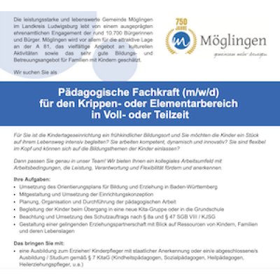 Pädagogische Fachkraft (m/w/d) für den Krippen- oder Elementarbereich