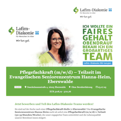 Pflegefachkraft (m/w/d) – Teilzeit im Evangelischen Seniorenzentrum Hanna-Heim, Eberswalde