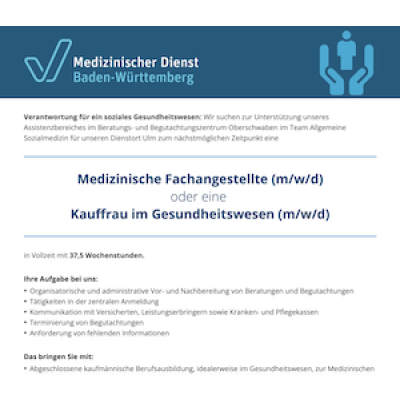 Medizinische Fachangestellte (m/w/d) oder eine Kauffrau im Gesundheitswesen (m/w/d)