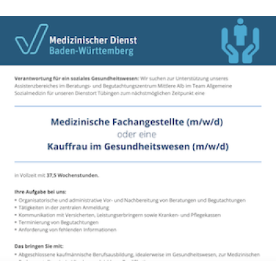 Medizinische Fachangestellte (m/w/d) oder eine Kauffrau im Gesundheitswesen (m/w/d)