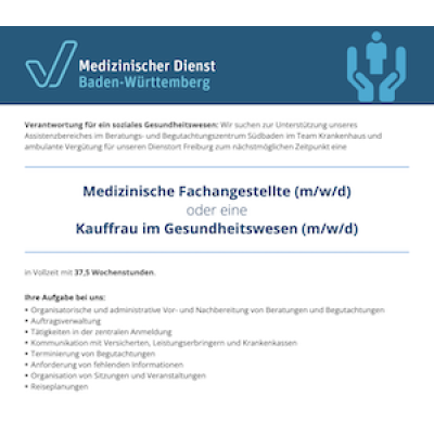 Medizinische Fachangestellte (m/w/d) oder eine Kauffrau im Gesundheitswesen (m/w/d)