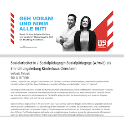 Sozialarbeiter:in / Sozialpädagogin:Sozialpädagoge (w/m/d) als Einrichtungsleitung Kinderhaus Griesheim